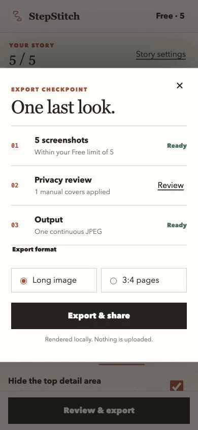 StepStitch export review screen